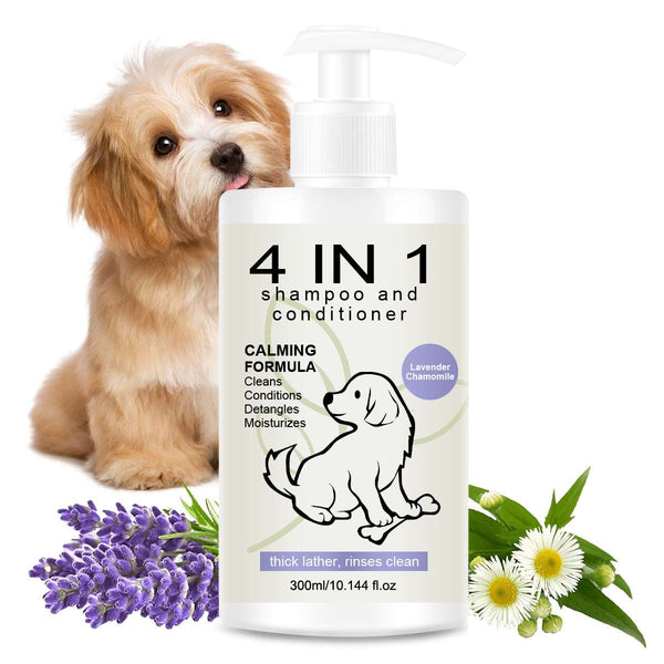 Pet shampoo bottle with pump, shown beside a small golden dog and flowers
