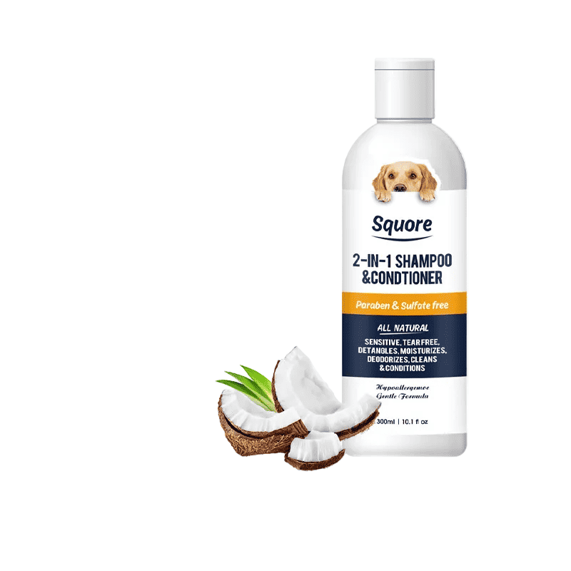 Pet shampoo bottle with dog, 2-in-1 shampoo & conditioner, coconut shell and leaves