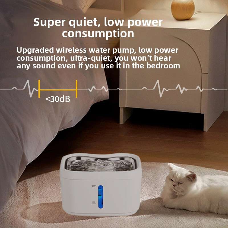 White pet water fountain with blue water level indicator on floor, clear top water basin