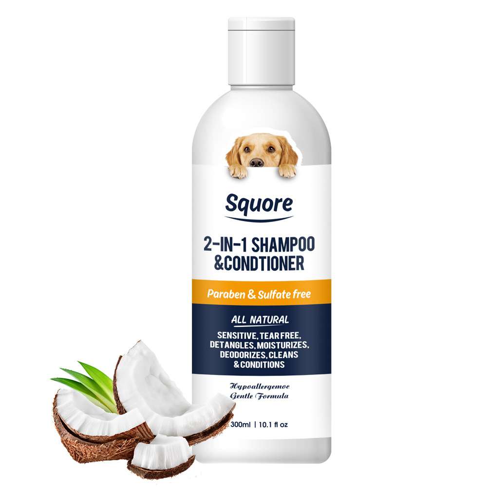 Pet shampoo bottle with dog label, 2-in-1 shampoo & conditioner and coconut flakes