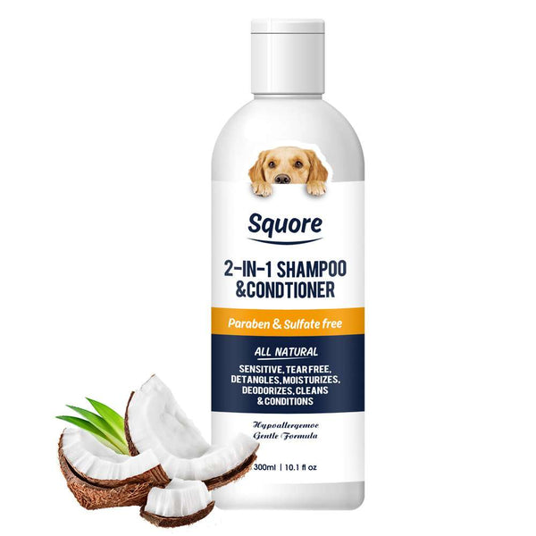 Pet shampoo bottle with dog label, 2-in-1 shampoo & conditioner and coconut flakes