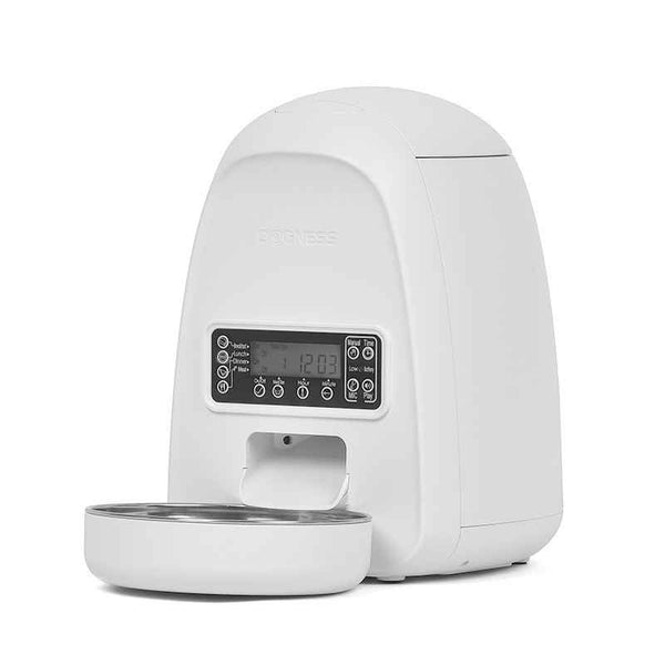 White automatic pet feeder with a digital display and stainless steel bowl, designed for portion control.
