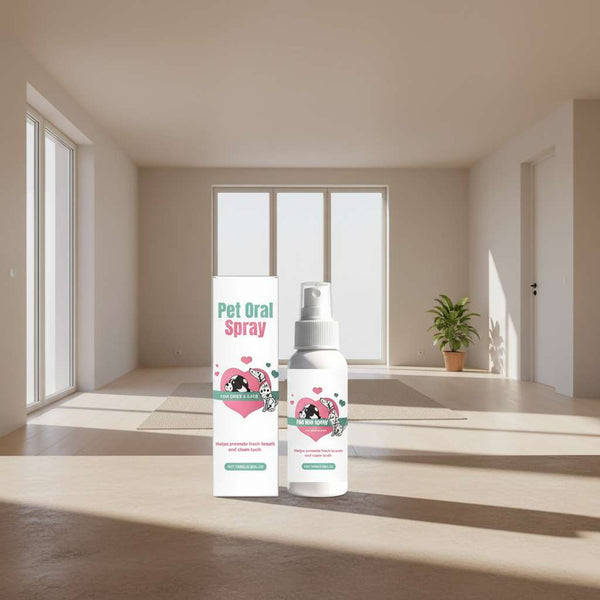 Pet oral spray for dogs and cats: boxed bottle and pump spray, white with mint label