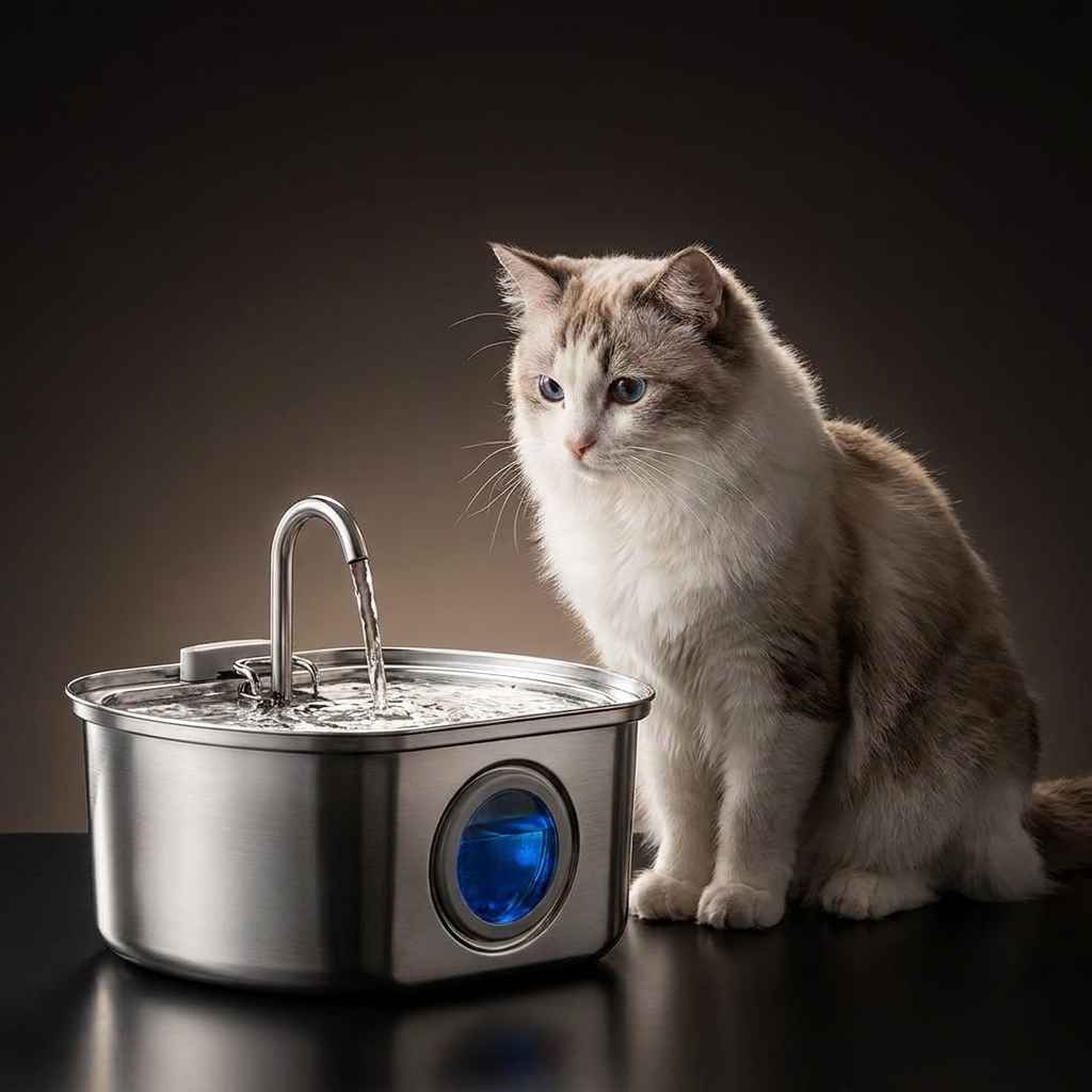Stainless steel cat water fountain with a blue light, a cat sitting beside it, featuring a sleek design.