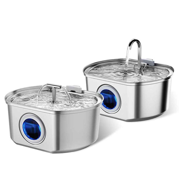 Stainless steel cat water fountain with dual bowl and blue LED panel