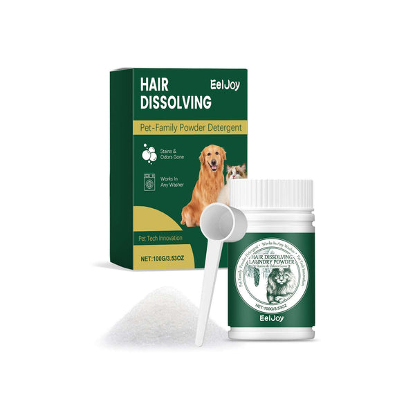 EelJoy pet hair dissolving laundry powder jar with green box and scoop