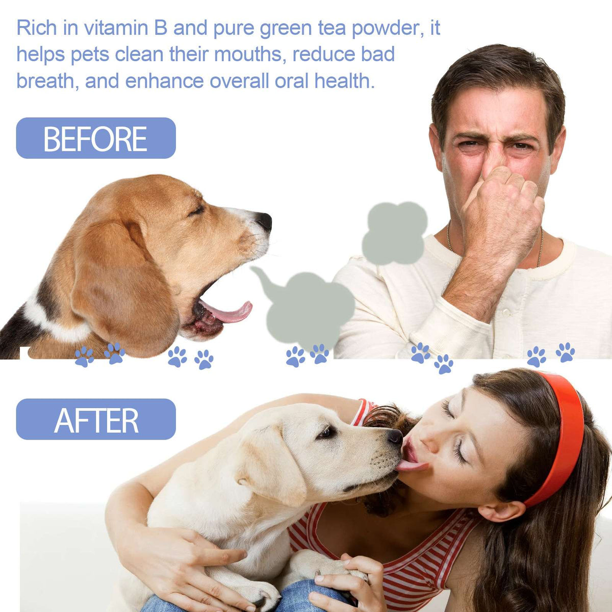 Pet dental toothpaste concept with dog and person after brushing; toothbrush near mouth.