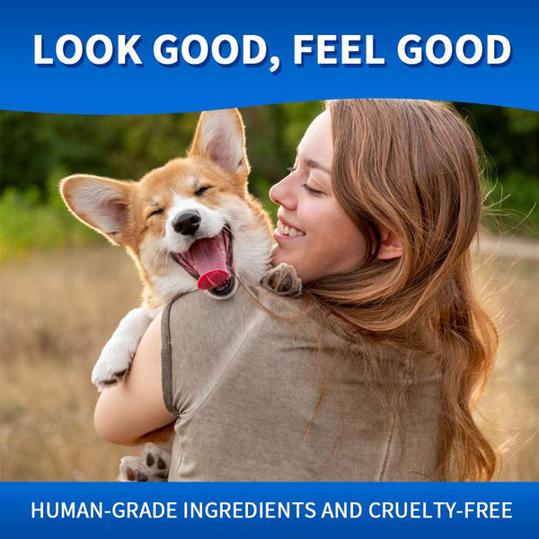 Deodorizing pet spray promo panel featuring a dog and a person with a blue badge