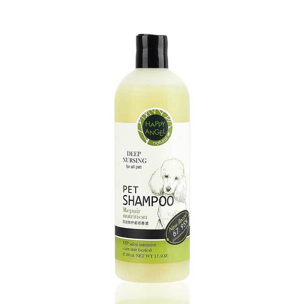 Pale yellow deep cleansing pet shampoo bottle with black cap and repair pet label