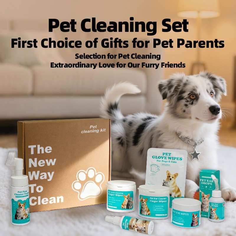 Pet cleaning kit gift set with brown box, wipe packages, and grooming bottles beside a dog