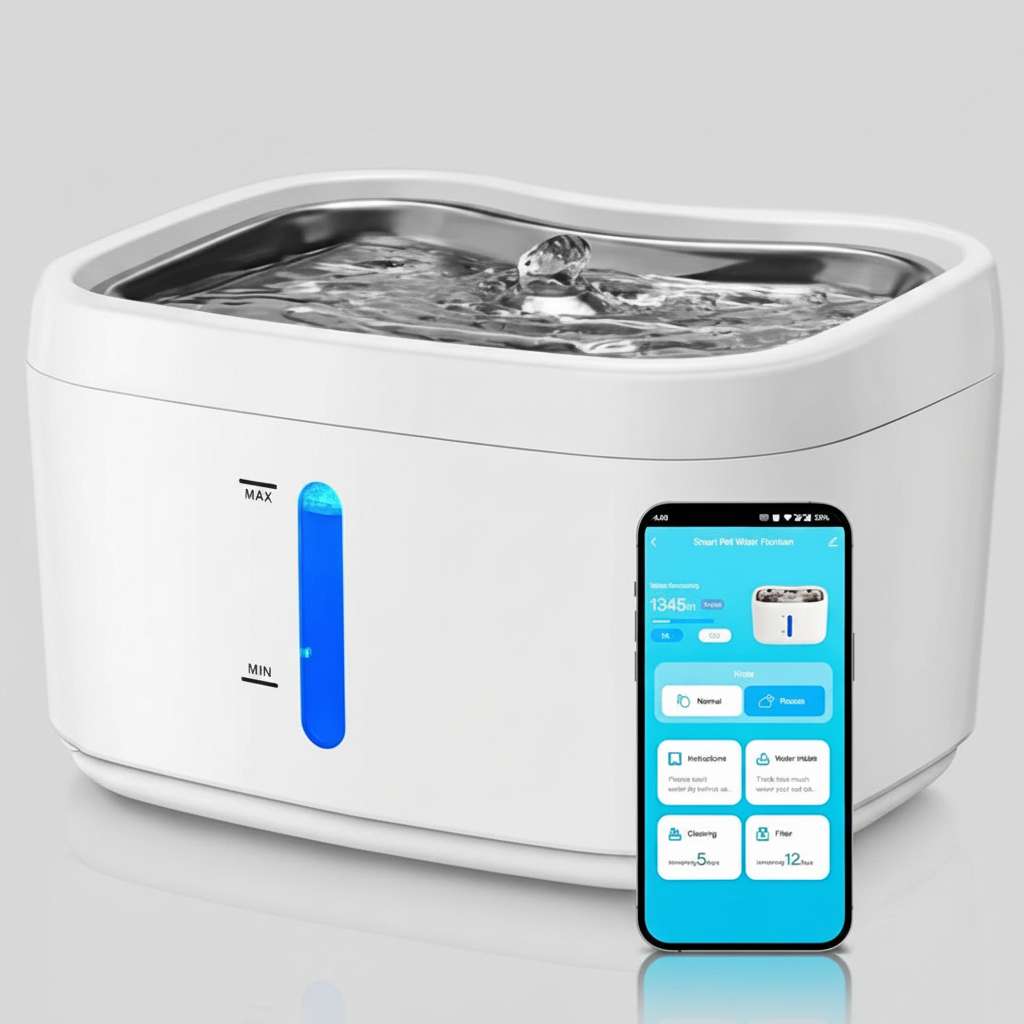White automatic pet water fountain with blue water level indicator and clear top basin