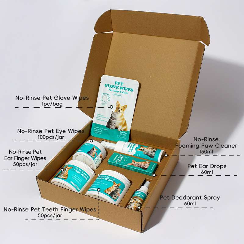 Open pet cleaning kit box with glove wipes, ear/eye wipes, and foam cleaner bottles