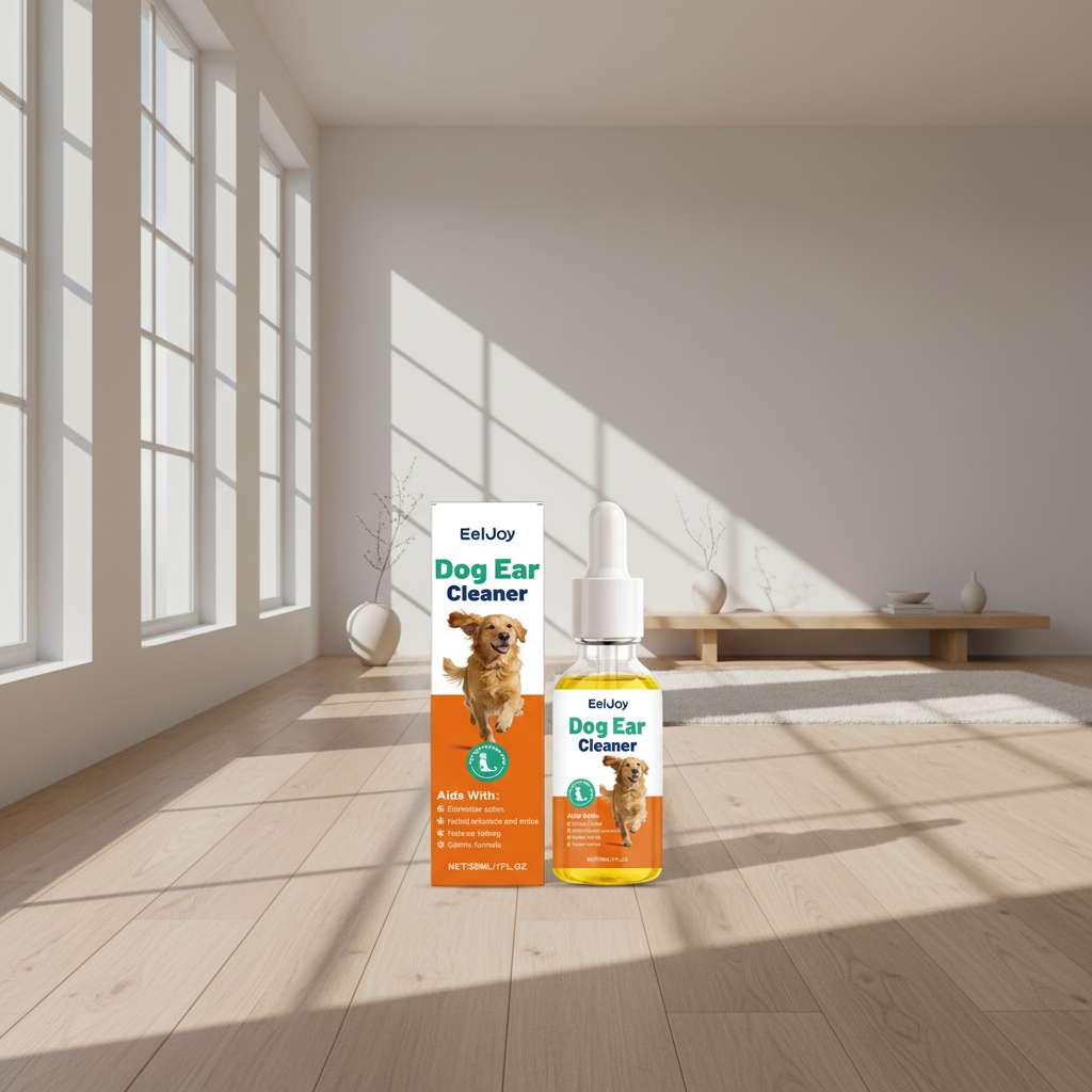 Dog ear cleaner drops bottle with white dropper and orange product box