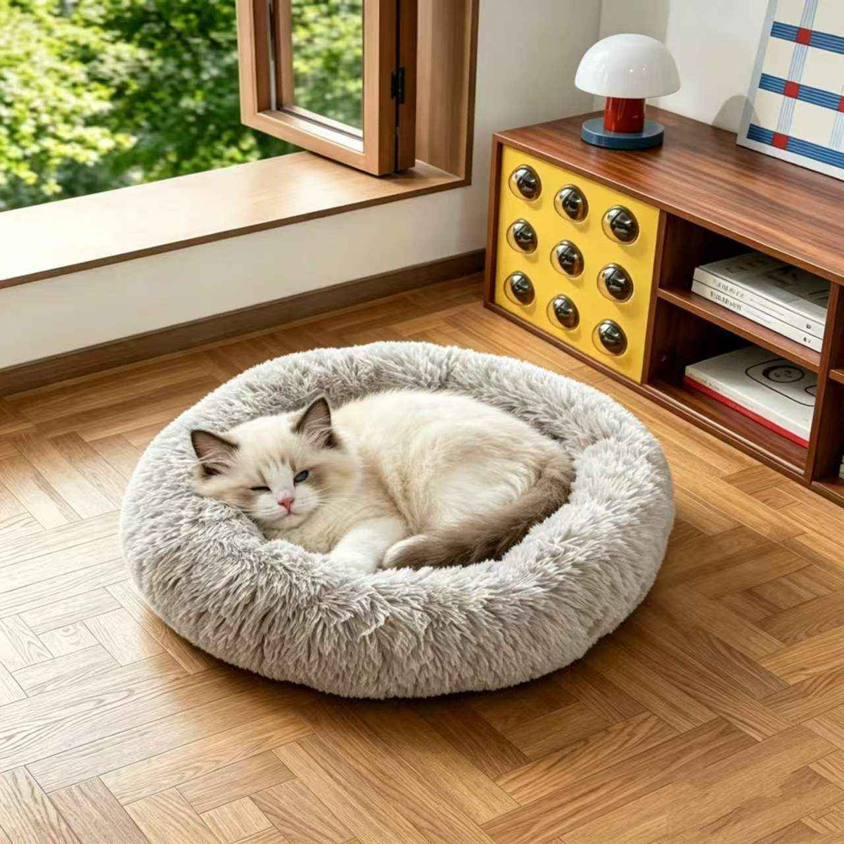 Calming Round Plush Pet Bed - Dog Beds & Furniture - TinPaw - Gray - S - SUPEFDB00003 - A5