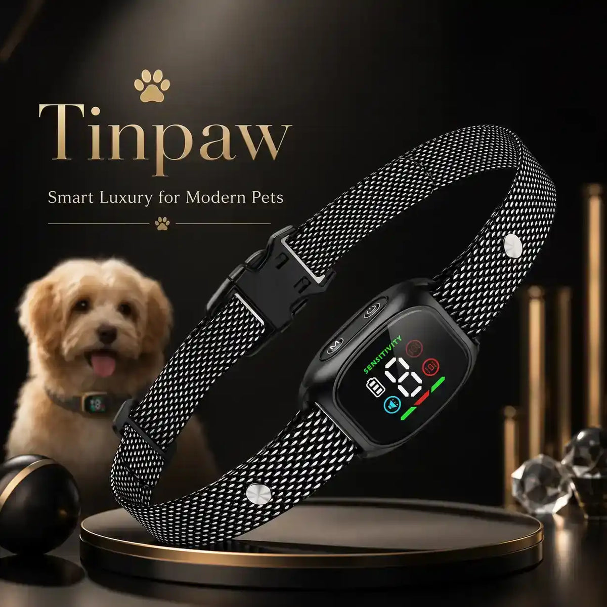 Black woven anti-bark dog collar with vibration/static control display