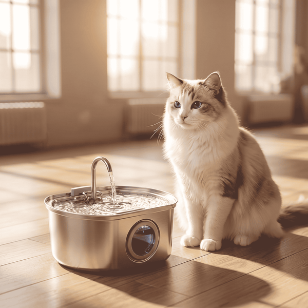 Stainless steel cat water fountain with cat beside the recirculating nozzle